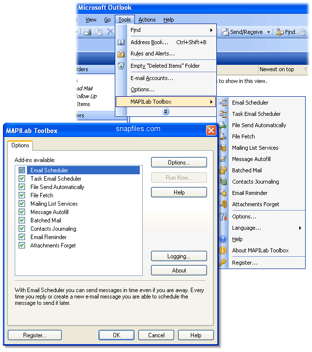 screen capture of MAPILab Toolbox for Outlook