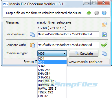 screen capture of Marxio File Checksum Verifier
