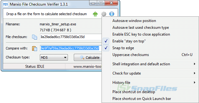 screenshot of Marxio File Checksum Verifier