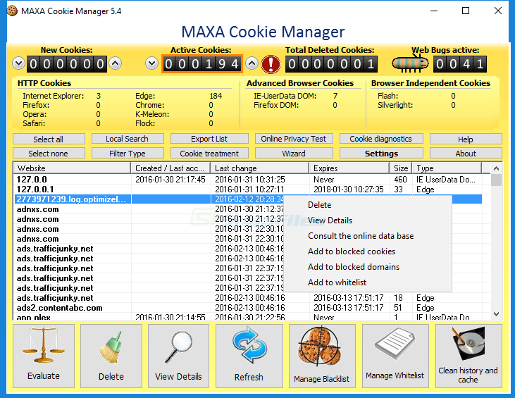 screen capture of MAXA Cookie Manager
