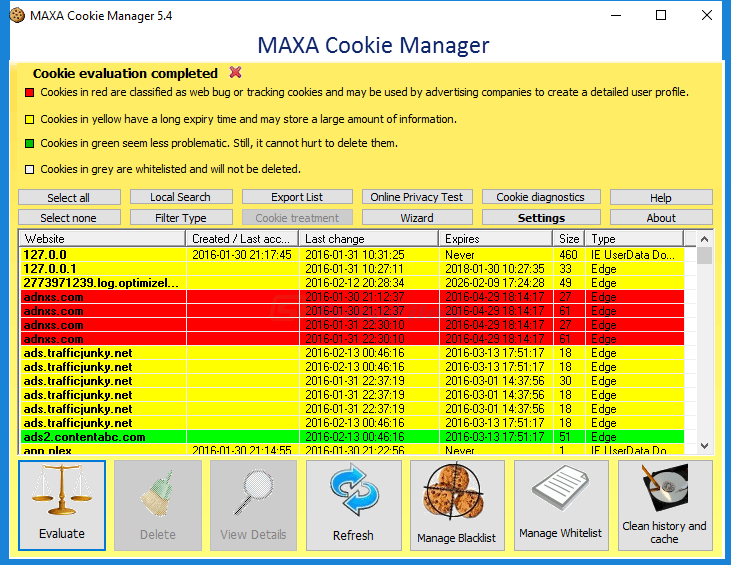 screenshot of MAXA Cookie Manager