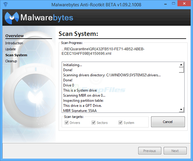 screen capture of Malwarebytes Anti-Rootkit BETA
