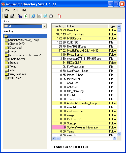 screen capture of Mousesoft Directory Size