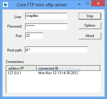 screen capture of CoreFTP Mini SFTP Server