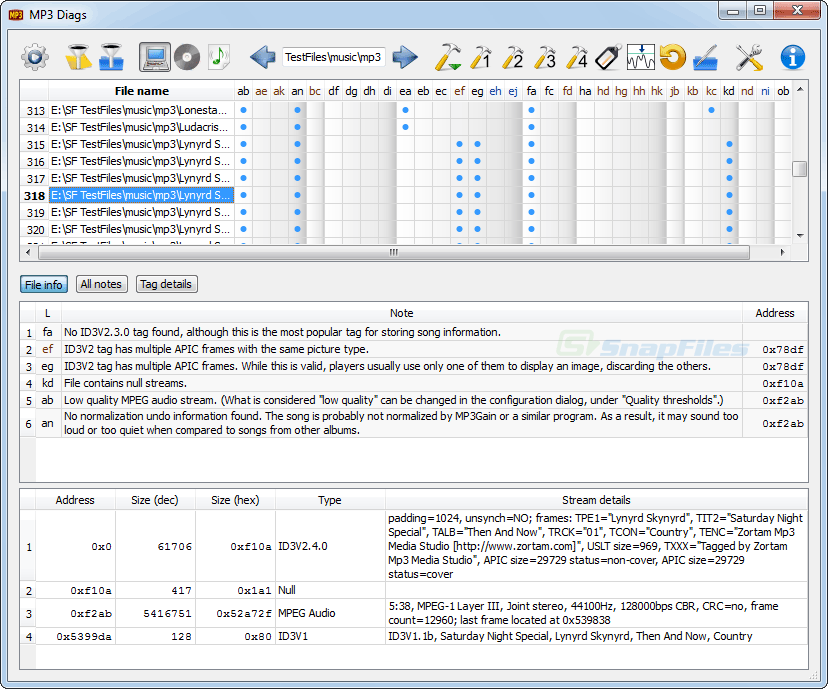 screen capture of MP3 Diags
