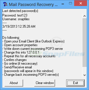 screen capture of Mail Password Recovery