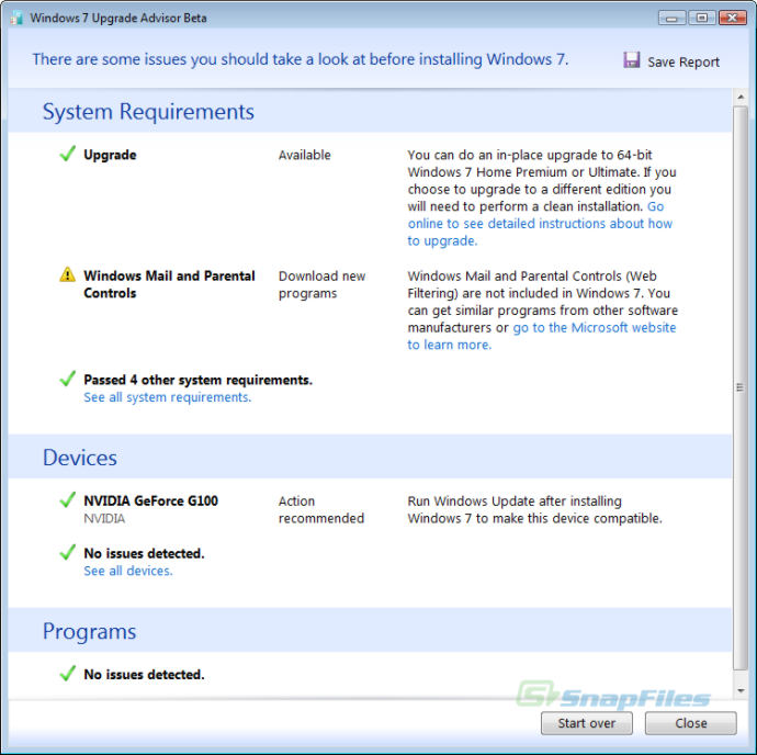 screenshot of Windows 7 Upgrade Advisor