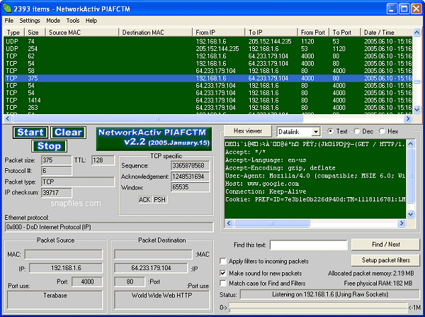 screen capture of NetworkActiv PIAFCTM