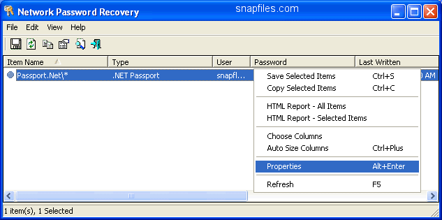 screen capture of Network Password Recovery