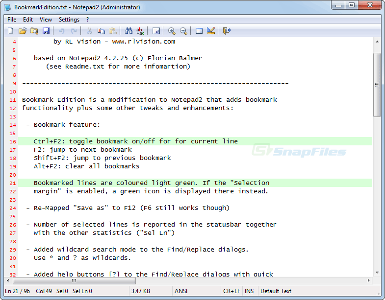 screen capture of Notepad2 Bookmark Edition
