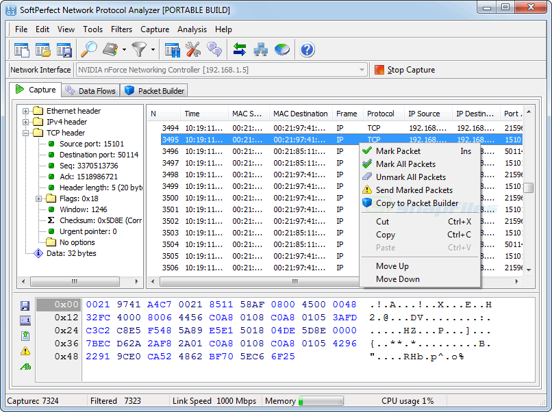 screen capture of SoftPerfect Network Protocol Analyzer