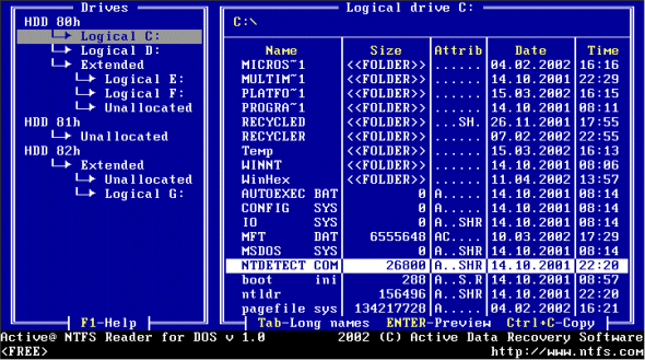 screen capture of Active NTFS Reader for DOS