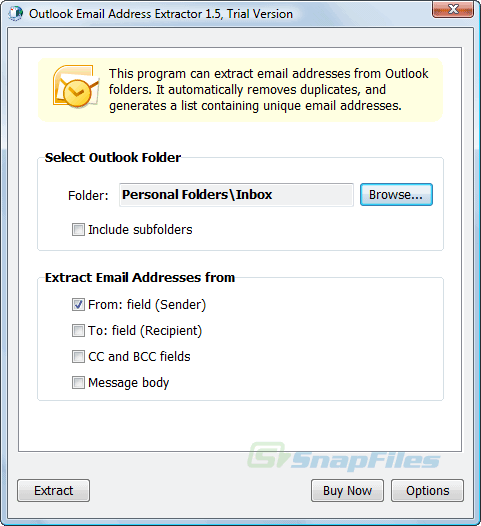 screen capture of Outlook Email Address Extractor