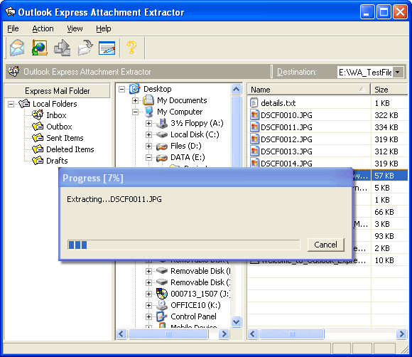 screen capture of Outlook Express Attachment Extractor