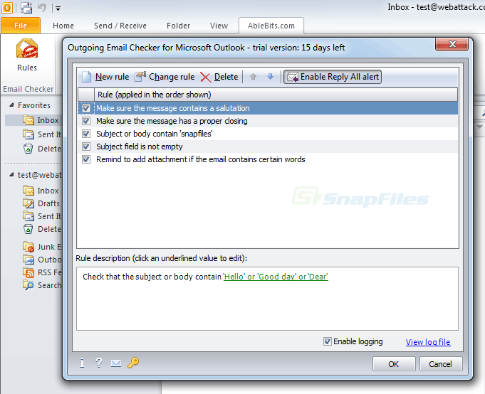 screen capture of Outgoing Email Checker for Outlook