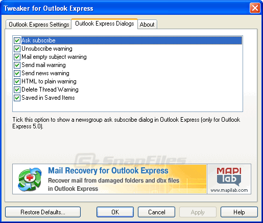 screenshot of Tweaker for Outlook Express