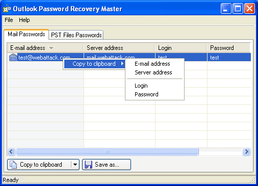 screen capture of Outlook Password Recovery Master