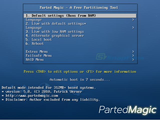 screen capture of Parted Magic Live CD