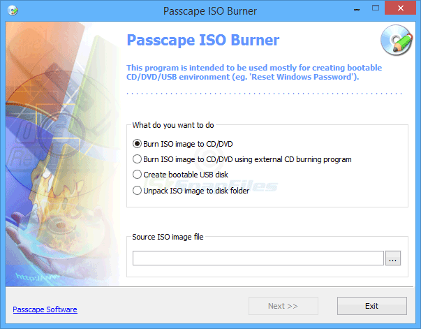 screen capture of Passcape ISO Burner