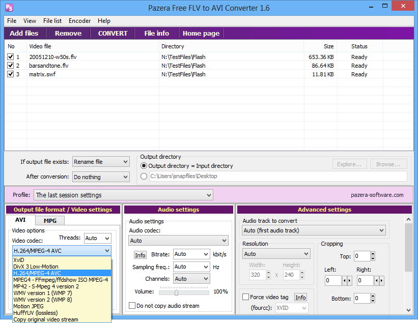 screen capture of Pazera Free FLV to AVI Converter