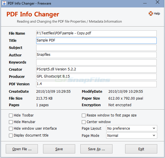 screen capture of PDF Info Changer