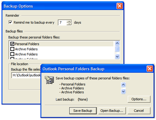 screen capture of Personal Folders Backup