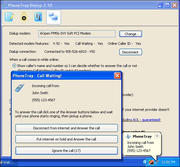 screen capture of PhoneTray Dialup