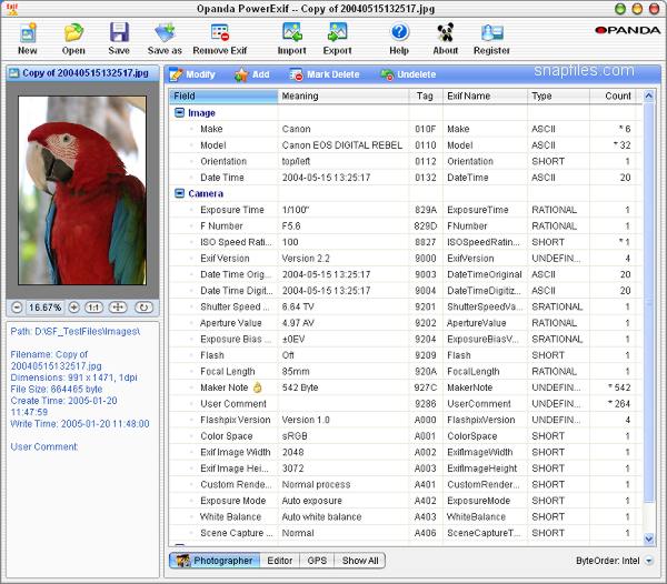 screen capture of Opanda PowerExif Editor