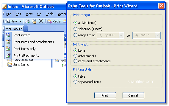 screen capture of Print Tools for Outlook