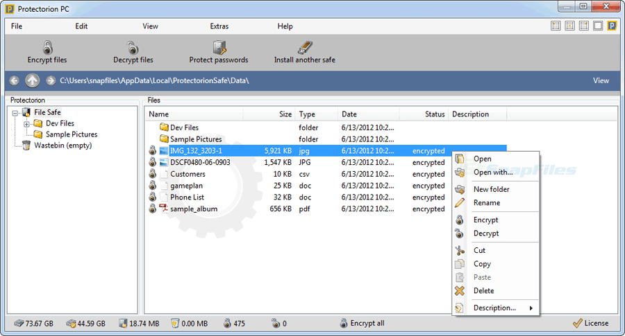 screen capture of Protectorion Data Safe