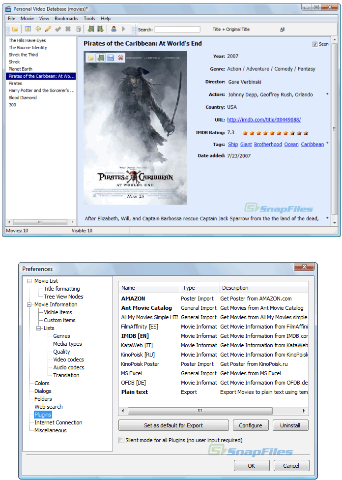 screenshot of Personal Video Database