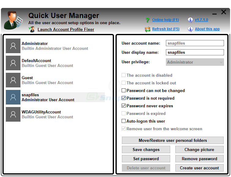 screen capture of Quick User Manager