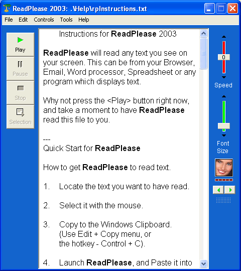 screen capture of ReadPlease 2003