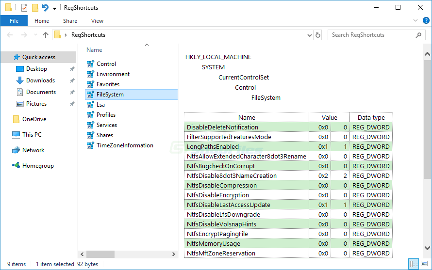 screenshot of Registry Shortcuts