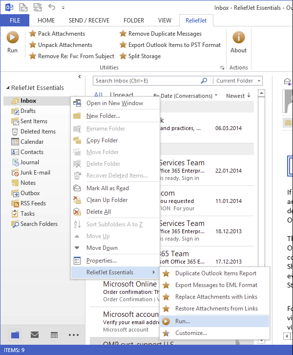 screenshot of ReliefJet Essentials for Outlook