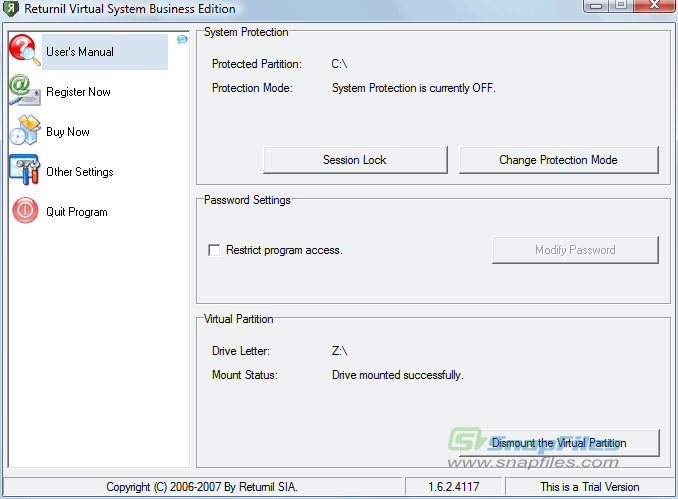 screen capture of Returnil Virtual System 2008 Premium Edition