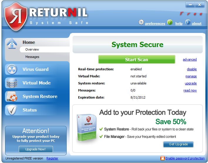 screen capture of Returnil System Safe 2011