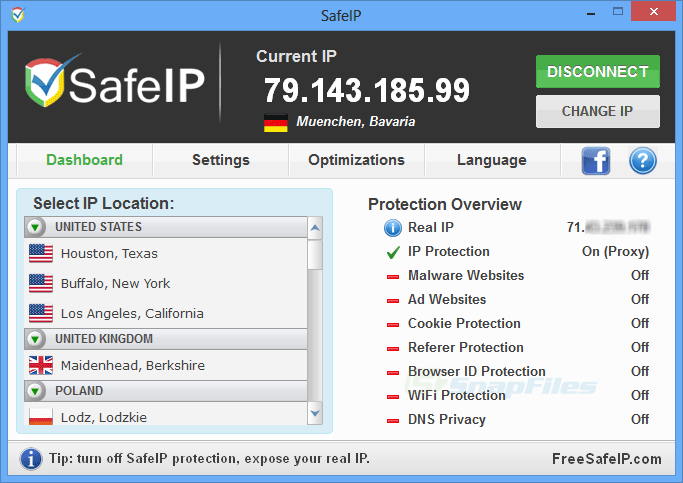 screen capture of SafeIP