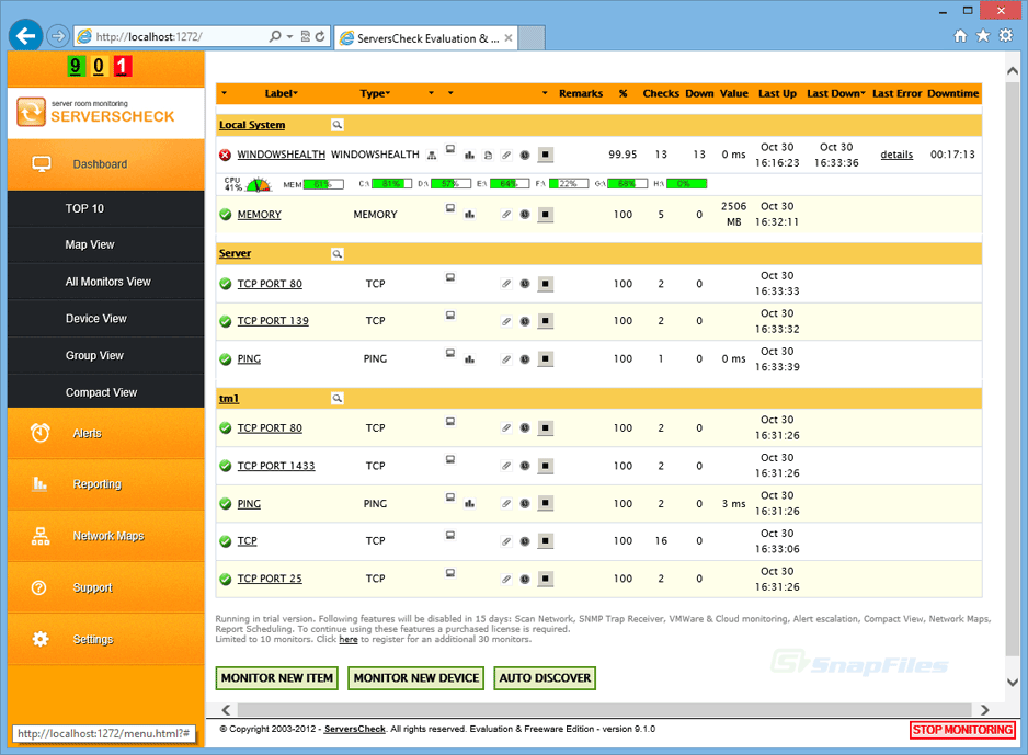 screen capture of ServersCheck Monitoring Software