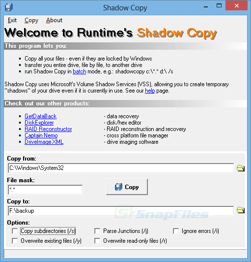 screen capture of Shadow Copy