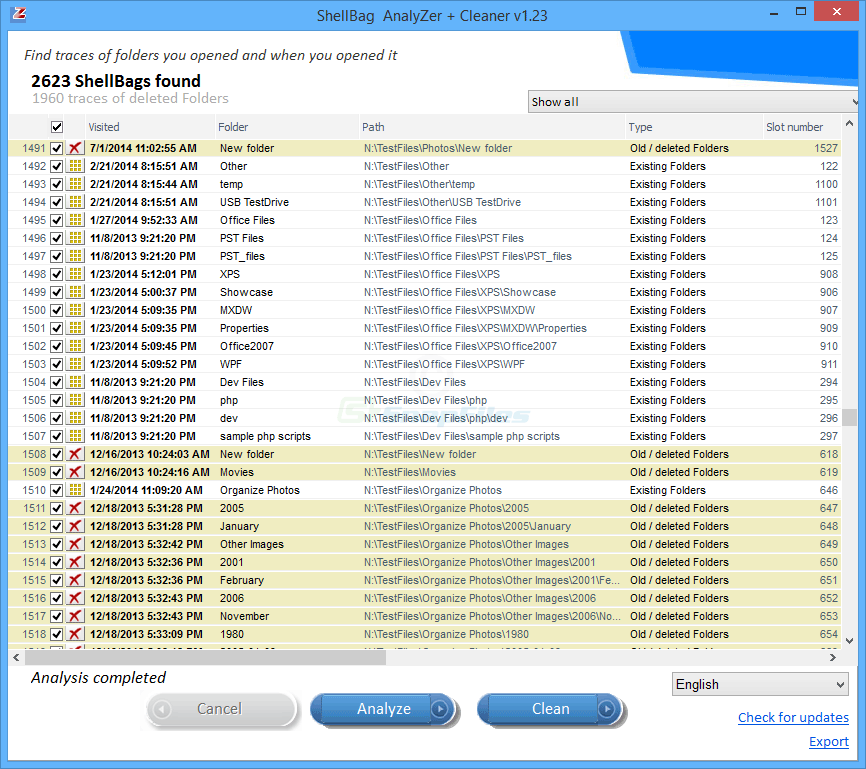screen capture of ShellBag Analyzer and Cleaner