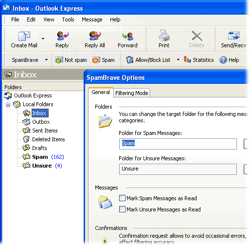 screen capture of SpamBrave Lite for Outlook Express