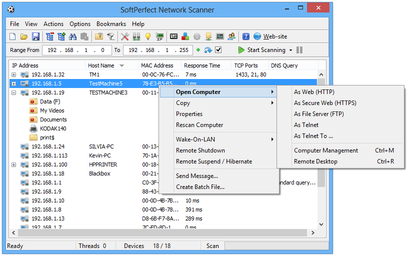 screen capture of SoftPerfect Network Scanner