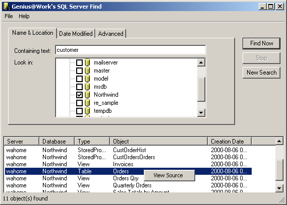 screen capture of SQL Server Find