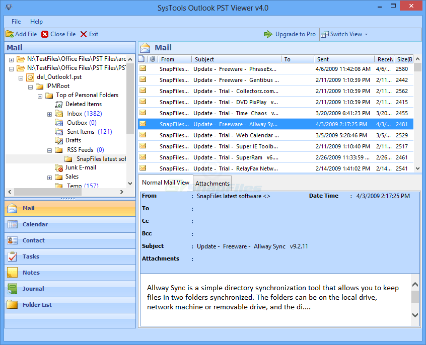 screen capture of Systools Outlook PST Viewer