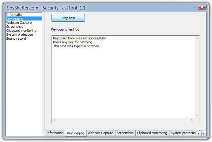 screen capture of SpyShelter Security Test Tool