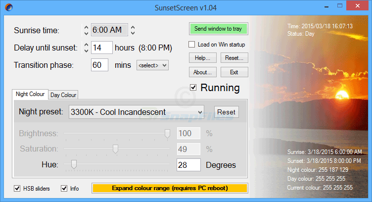 screen capture of SunsetScreen