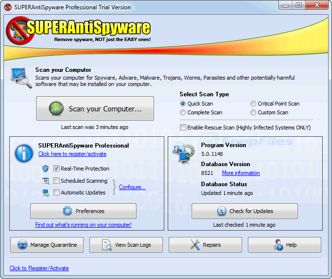 screen capture of SUPERAntiSpyware Professional