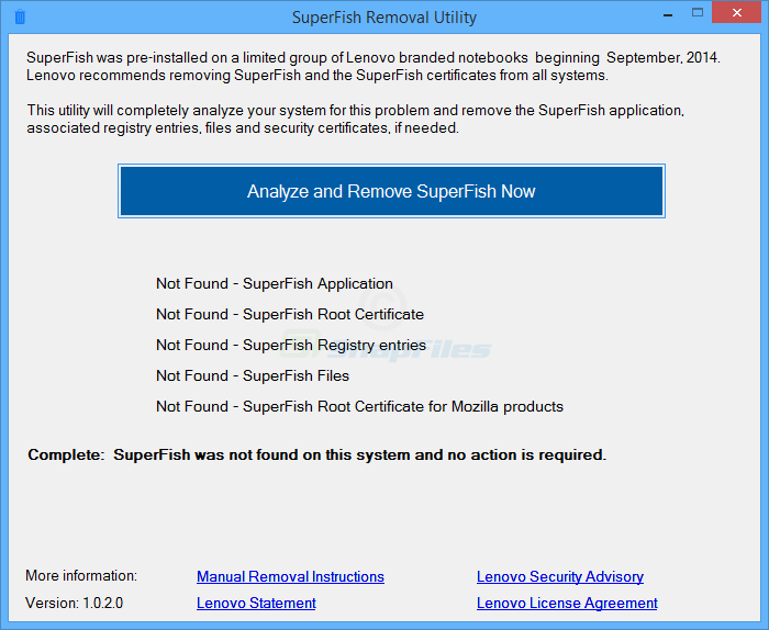 screenshot of Lenovo Superfish Removal Tool