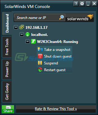 screen capture of SolarWinds Free VM Console